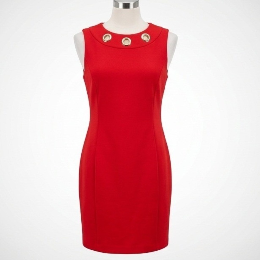 Calvin Klein Womens Dress Grommet Neck Sheath 10 Red Sleeveless Workwear Chic